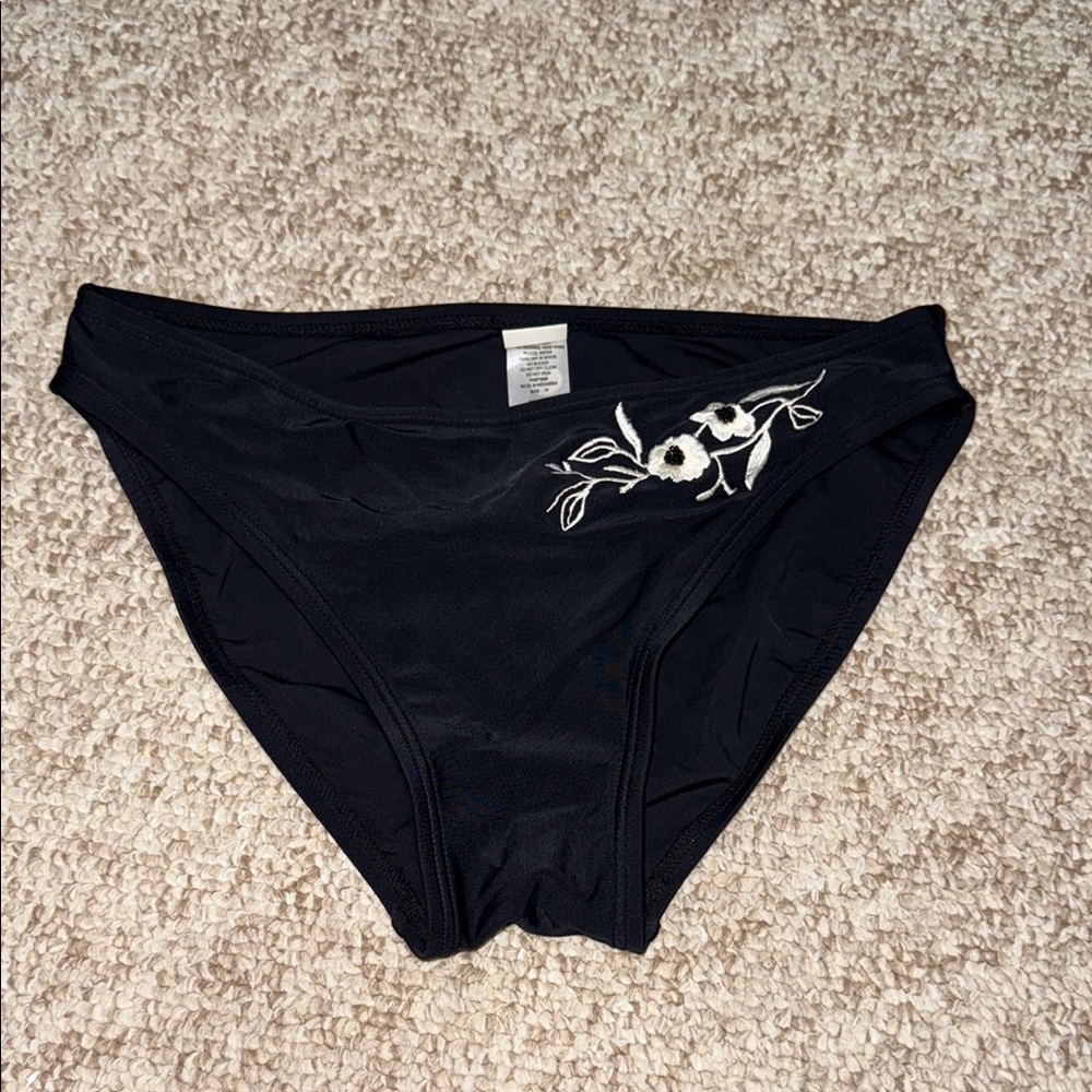 Black Bikini Bottom with Floral Embroidery